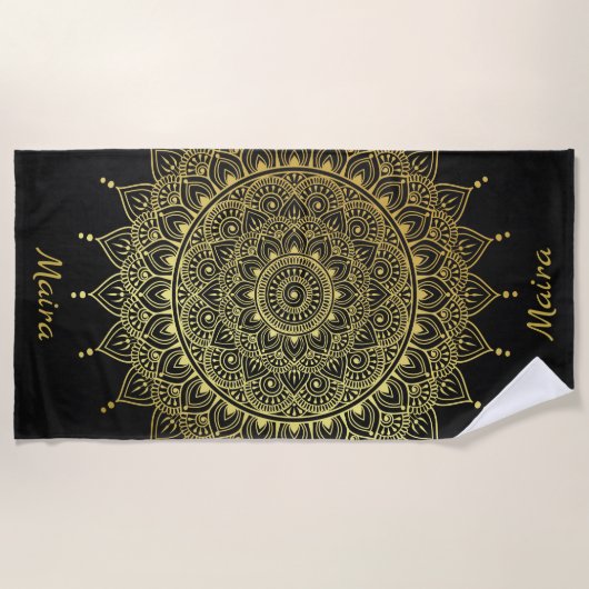 Elegant Gold op Soft Black Floral Henna Mandala Strandlaken (Voorkant)