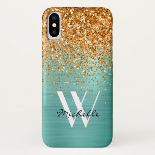 Elegant Gold Oranje Blauwgroen meisje Glitter Mono iPhone X Hoesje