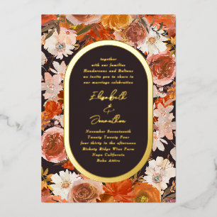 Elegant Gold Oval Lijst Floral Midnight Weddenscha Folie Uitnodiging