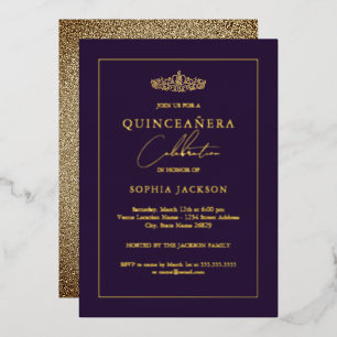 Elegant Gold Paars Quinceanera 15e eeuw Folie Uitnodiging