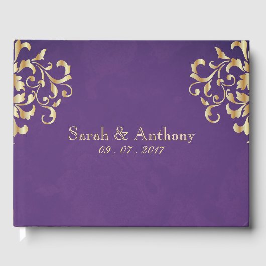 Elegant Gold & Paarse Damask Bruiloft Gastenboek (Voorkant)