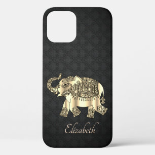 Elegant Gold Paisley Elephant, Damask-Personalized iPhone 12 Hoesje