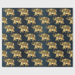 Elegant Gold Paisley Floral Elephant, Donkerblauw Cadeaupapier