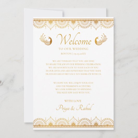 Elegant Gold Pattern Indian Wedding Welcome Note Kaart (Voorkant)