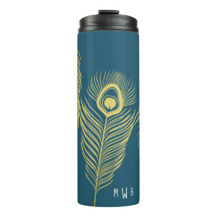 Elegant Gold Peacock Feathers Monogram Tumbler Thermosbeker