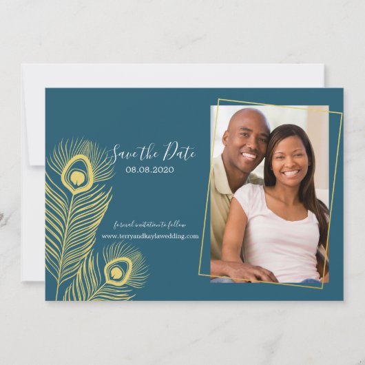 Elegant Gold Peacock Save the Date Wedding (Voorkant)