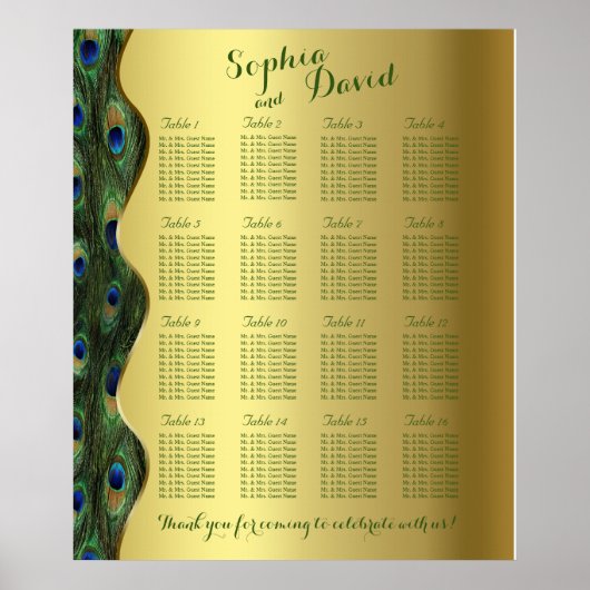 Elegant Gold Peacock Wedding Seding Chart Poster (Voorkant)