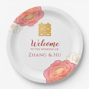 Elegant Gold Peony Chinese Wedding Papieren Bordje
