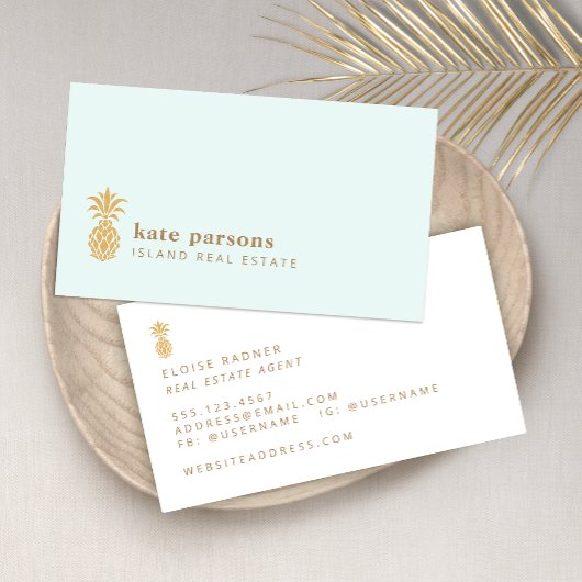 Elegant Gold Pineappel Pastel BLue Visitekaartje