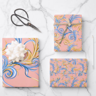 Elegant Gold Pink Blue Arabesque Swirl Patroon Inpakpapier Vel