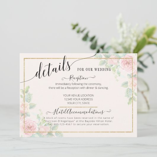 Elegant Gold Pink Floral Script Weduwgegevens Kaart (Staand voorkant)