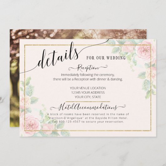 Elegant Gold Pink Floral Script Weduwgegevens Kaart (Voorkant / Achterkant)