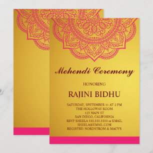 Elegant Gold Pink Paisley Indian Mehndi Ceremony Kaart