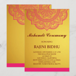 Elegant Gold Pink Paisley Indian Mehndi Ceremony Kaart