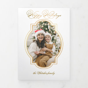 Elegant Gold Prettige feestdagen Script Unieke fot Drieluik Kaart