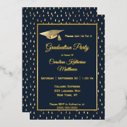 Elegant Gold Raindrops Navy Blue Graduparty Folie Uitnodiging