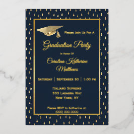 Elegant Gold Raindrops Navy Blue Graduparty Folie Uitnodiging