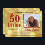 Elégant Gold Red 50th Birthday Party Invitation<br><div class="desc">Jolie 50 et fabuleuse carte d'invitation à la fête pour votre 50e anniversaire. Typographie rouge moderne avec coeur et ruban doré. Vous pouvez personnaliser cette invitation en remplaçant votre propre photo par l'exemple en cliquant sur modifier et en tapant le nom, le lieu, la date et l'heure. Vous pouvez modifier...</div>