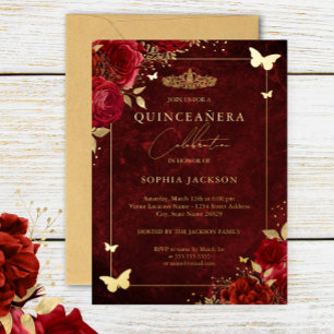 Elegant Gold Red Floral Butterfly Quinceanera Folie Uitnodiging