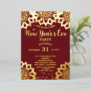 Elegant Gold Red Mandala nieuwjaarsfeest Folie Uitnodiging