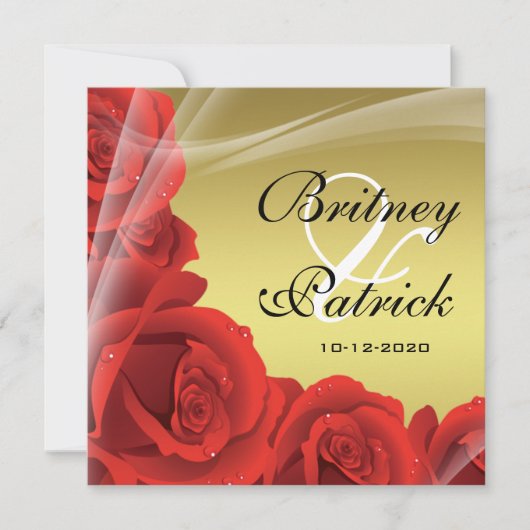 Elegant Gold & Red Rose Wedding Invitations Kaart (Voorkant)