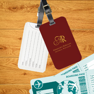 Elegant Gold & Red Wine Monogrammen Bagagelabel