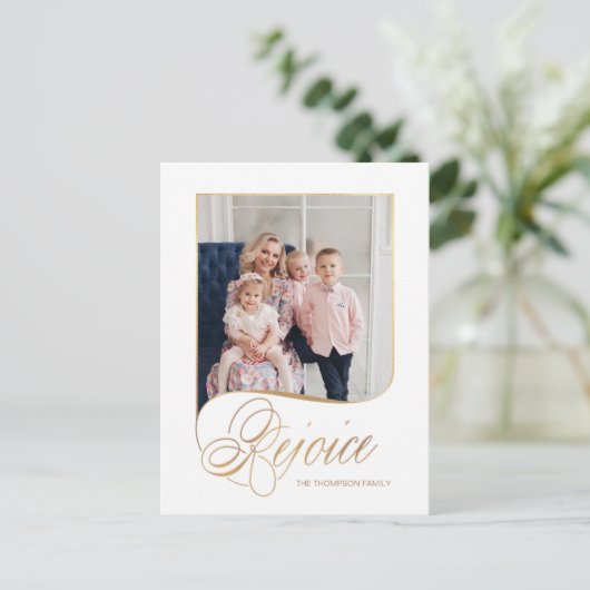 Elegant Gold Rejoice Calligraphy Script Photo Feestdagenkaart (Staand voorkant)