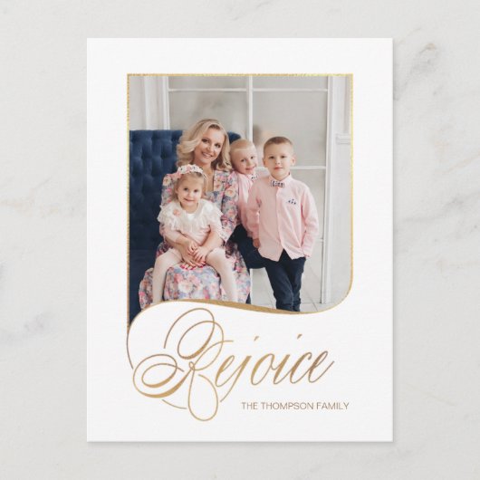 Elegant Gold Rejoice Calligraphy Script Photo Feestdagenkaart (Voorkant)