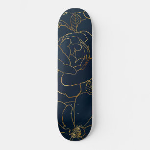 Elegant Gold Rozen Floral Draal Blue Design Skateboard