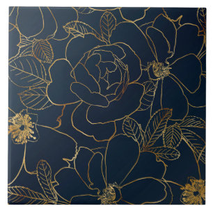 Elegant Gold Rozen Floral Draal Blue Design Tegeltje