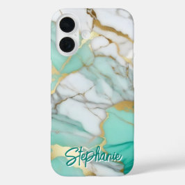 Elegant Gold Sage Green Marble Custom Name iPhone 16 Hoesje
