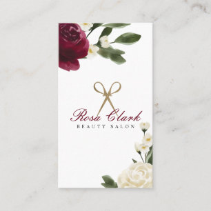 Elegant Gold Scissor & Red Waterverf Floral Logo Visitekaartje