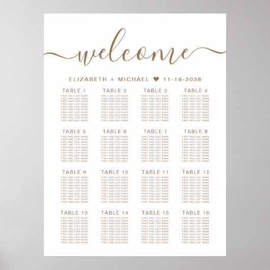 Elegant Gold Script 16 Tafel Trouwstoel Grafiek Poster (Voorkant)