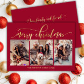 Elegant Gold Script 3 Photo Collage Red Christmas Feestdagenkaart