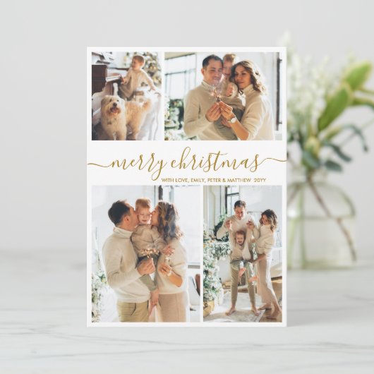 Elegant Gold Script 4 Photo Collage Christmas Feestdagenkaart (Staand voorkant)