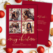 Elegant Gold Script 4 Photo Collage Red Christmas Feestdagenkaart