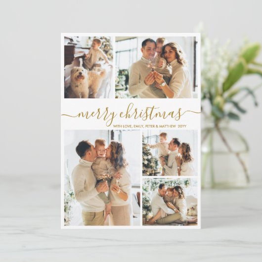 Elegant Gold Script 8 Photo Collage Christmas Feestdagenkaart (Staand voorkant)