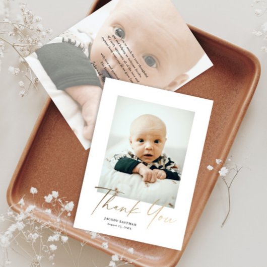 Elegant Gold Script Baby Foto Bedankkaart