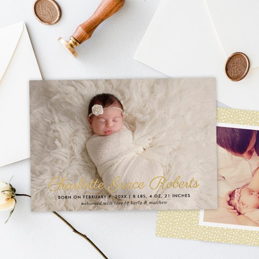 Elégant Gold Script Baby Photo Faire-part de naiss