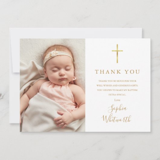 Elegant Gold Script Baptism Christening Foto Bedankkaart (Voorkant)