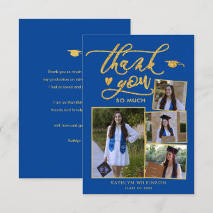 Elegant Gold Script Blue 4 Photo Afstuderen Bedankkaart
