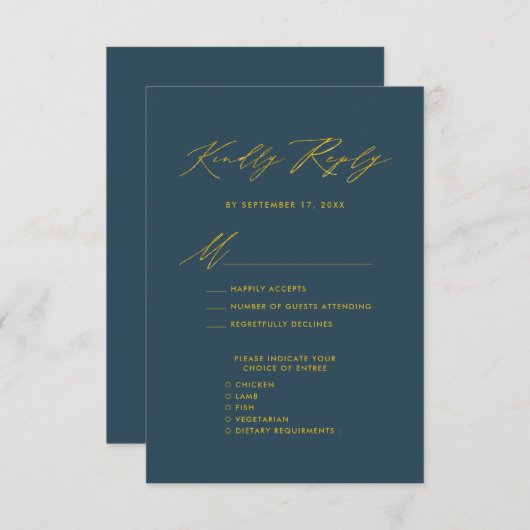 Elégant Gold Script Blue Minimalist Wedding RSVP (Devant / Derrière)