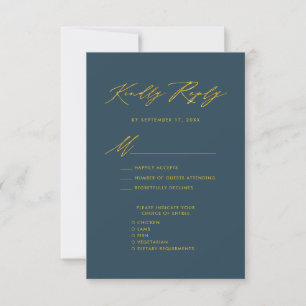 Elégant Gold Script Blue Minimalist Wedding RSVP