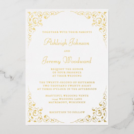 Elegant Gold Script Botanical Lijst Wedding Folie Uitnodiging (Voorkant)