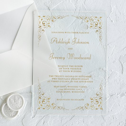 Elegant Gold Script Botanisch Lijst Acryl Uitnodigingen