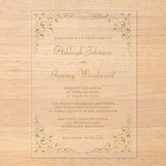 Elegant Gold Script Botanisch Lijst Acryl Uitnodigingen (Voorkant)