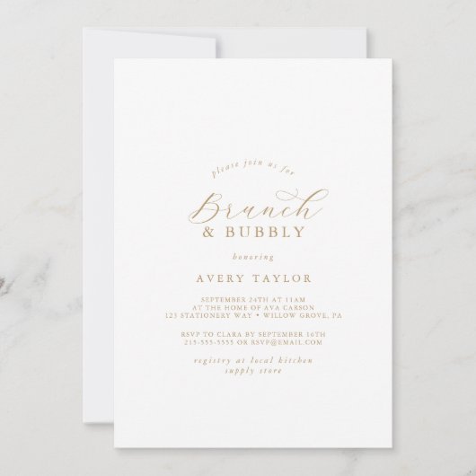 Elegant Gold Script Brunch & Bubble Vrijgezellenfe Kaart (Voorkant)