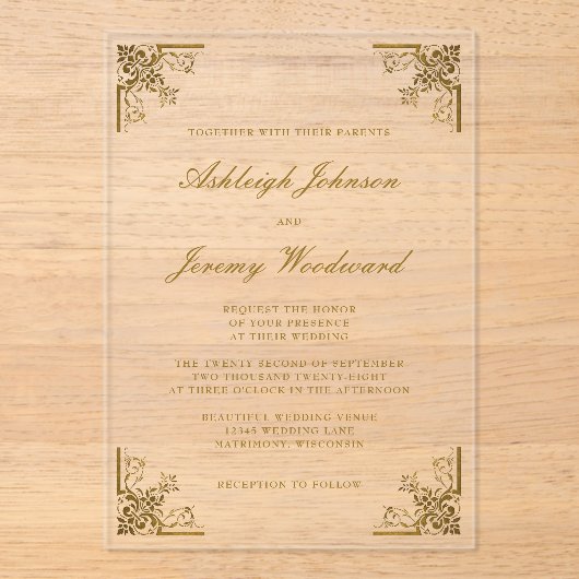 Elegant  Gold Script  Corners Weddenschap Acryl Uitnodigingen (Voorkant)