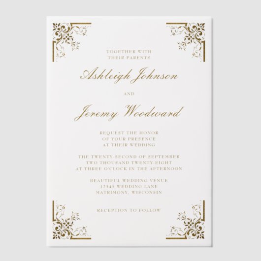Elegant Gold Script Corners Weddenschap Vellum Uitnodigingen (Voorkant)