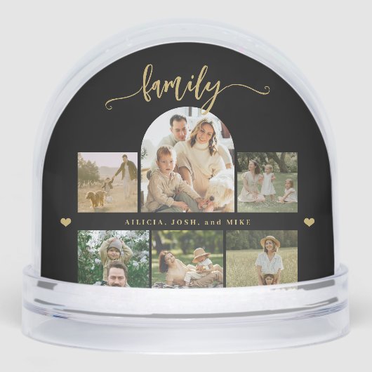 Elegant gold script custom family photo collage  sneeuwbol (Voorkant)